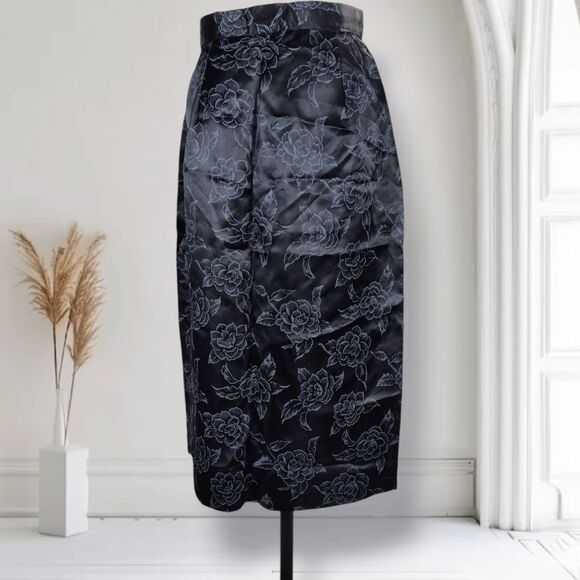 Vintage 80s Peplum Satin Midi Skirt Set Size 6 Black Floral Rose Print Goth - Picture 13 of 16